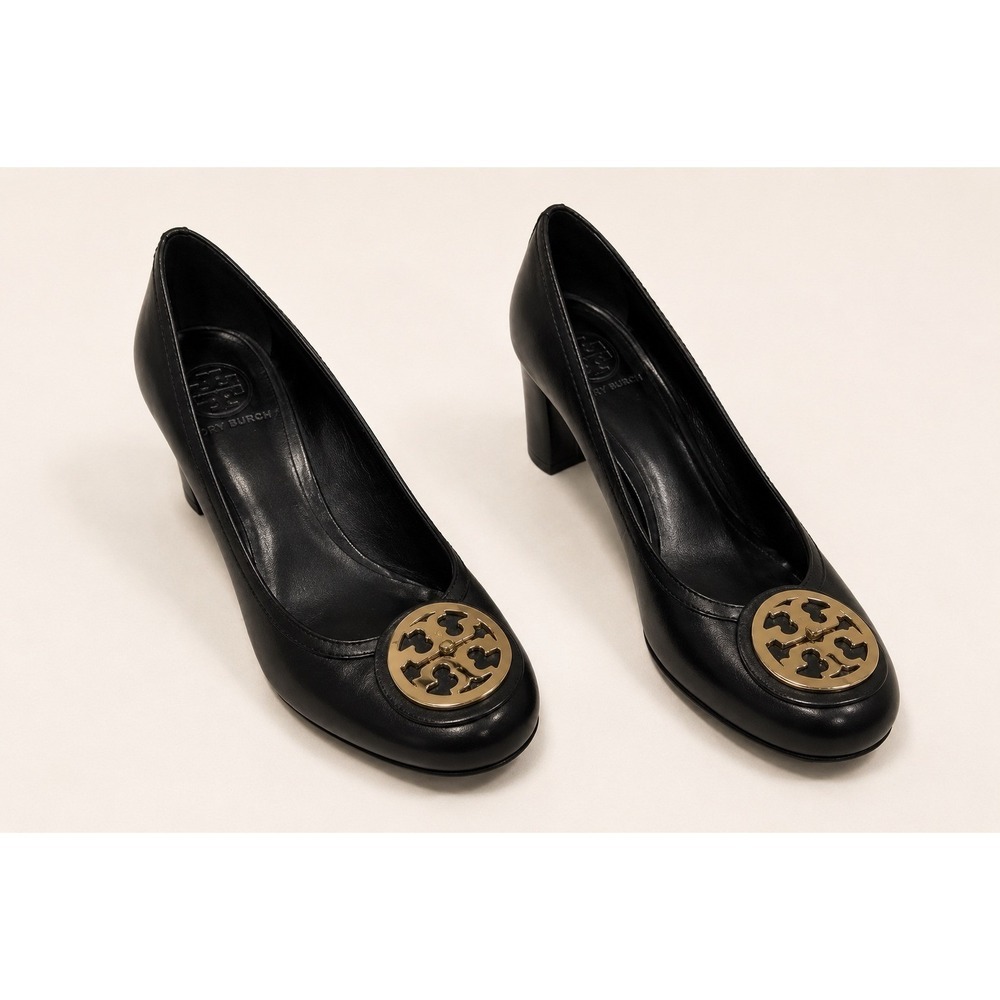 Tory Burch Claire Block Heel Pumps Women 9M Black Excellent Gold Logo Medallion